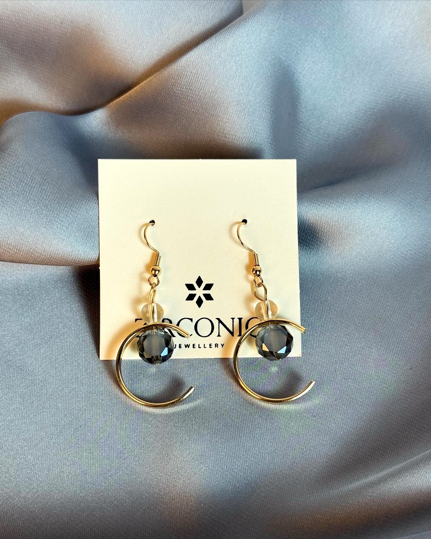 Gold Crescent Moon Earrings with Crystal Drops