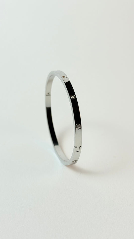 Zircon Studded Stainless Steel Silver Plated Bangle Bracelet - Silver