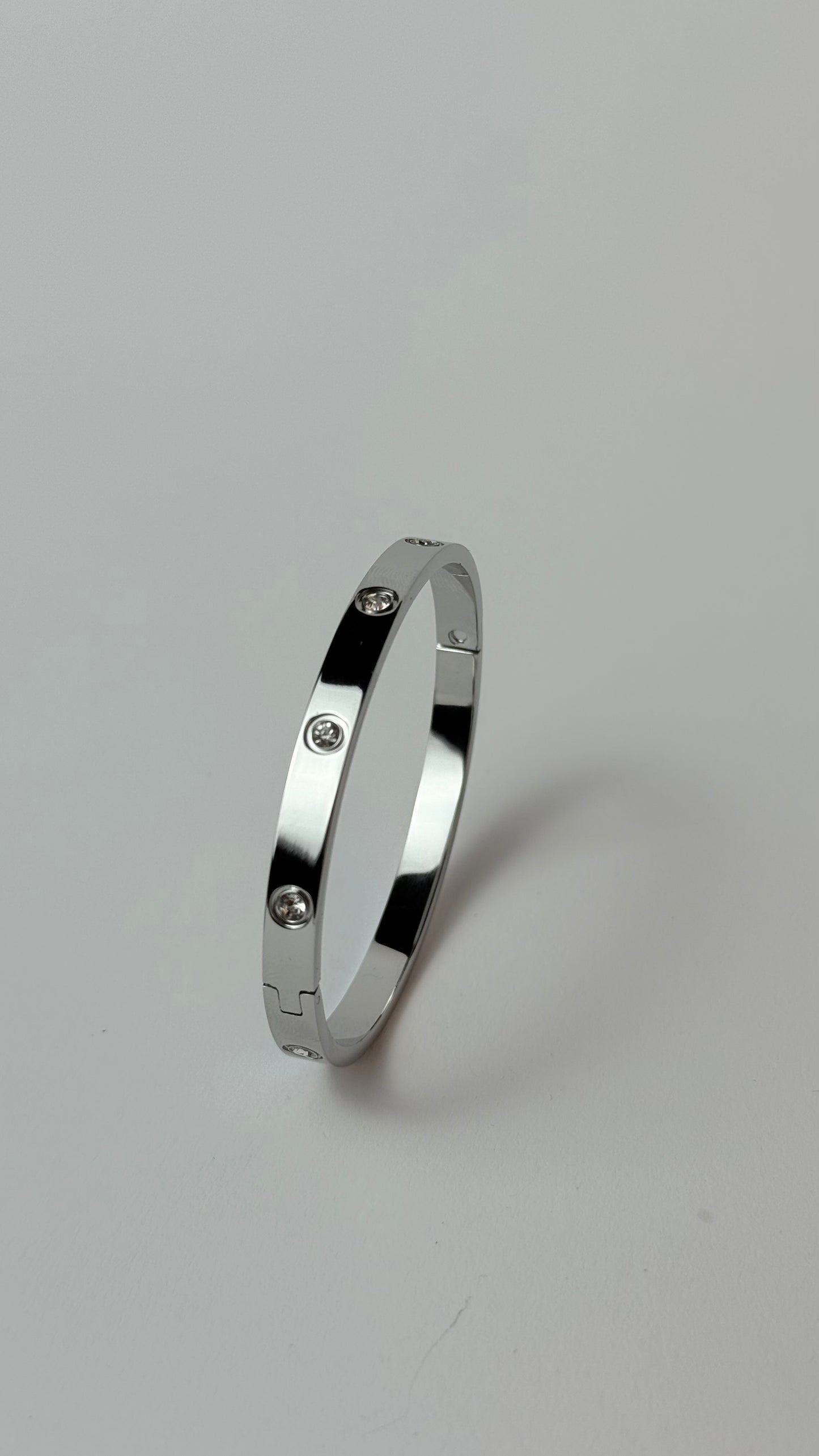 Zircon Studded Stainless Steel Silver Plated Bangle Bracelet - Silver
