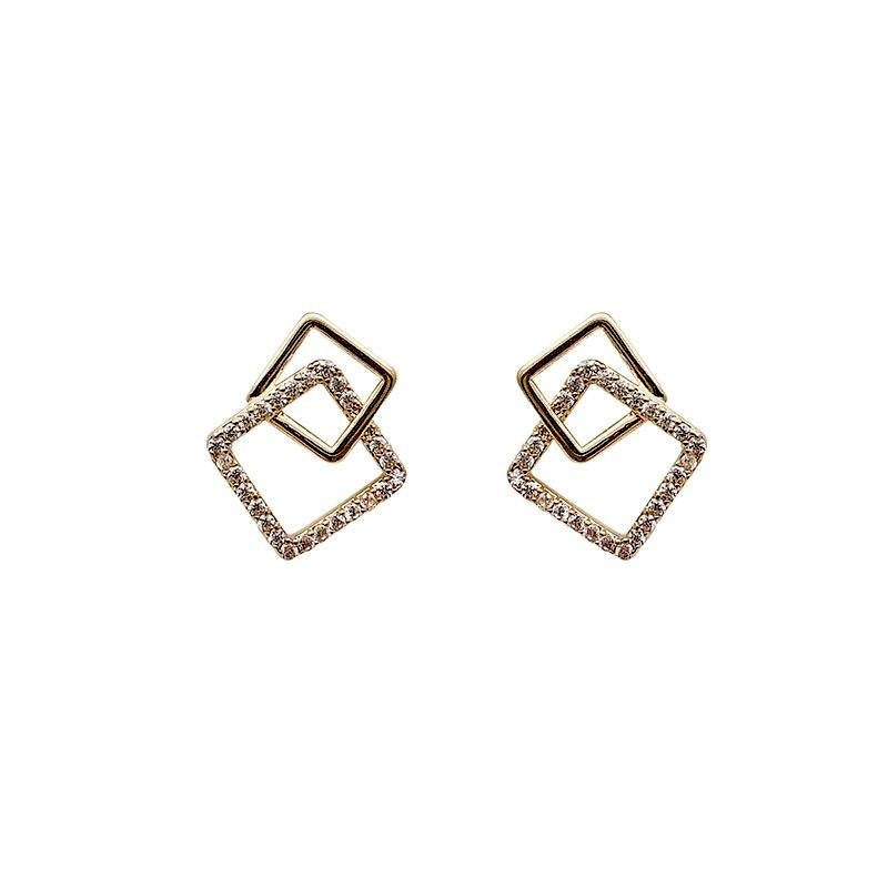 Gold Double Square Earrings with Crystals