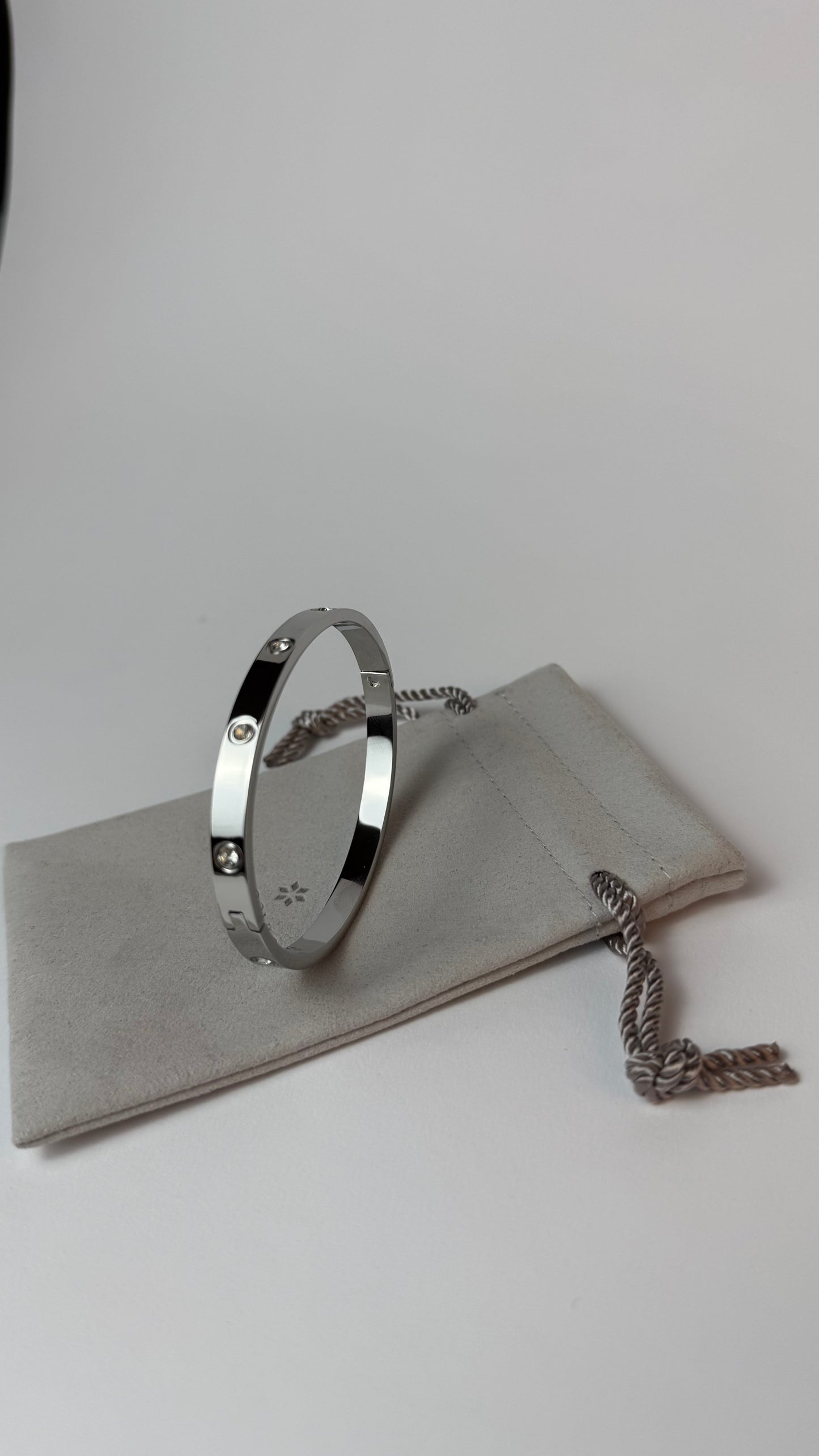 Zircon Studded Stainless Steel Silver Plated Bangle Bracelet - Silver