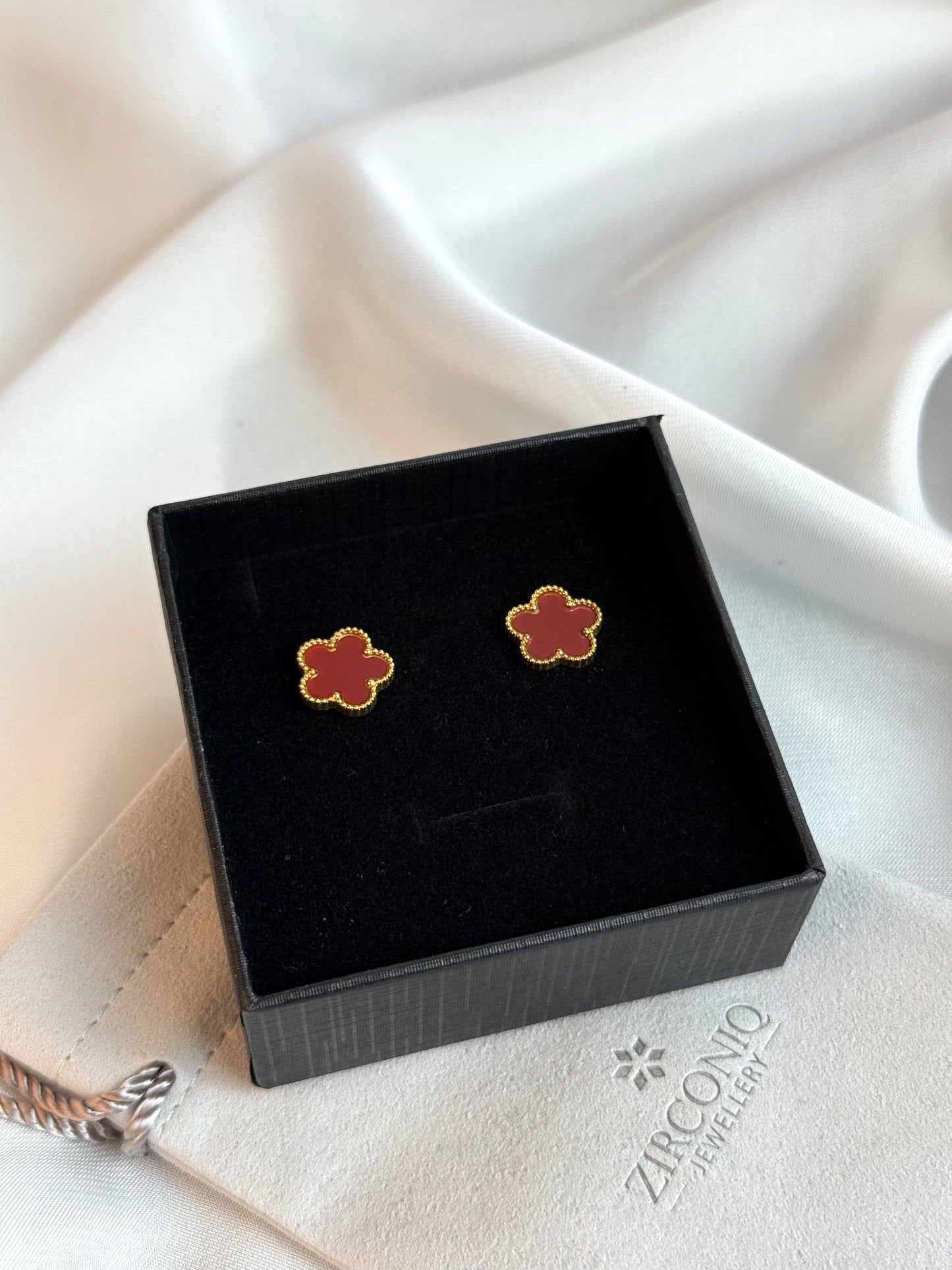Gold Plated Red Clover Earrings, Lucky Five Leaves Clover Earrings, Stainless Steel Gold Plated Earrings, Lucky Jewelry for Her