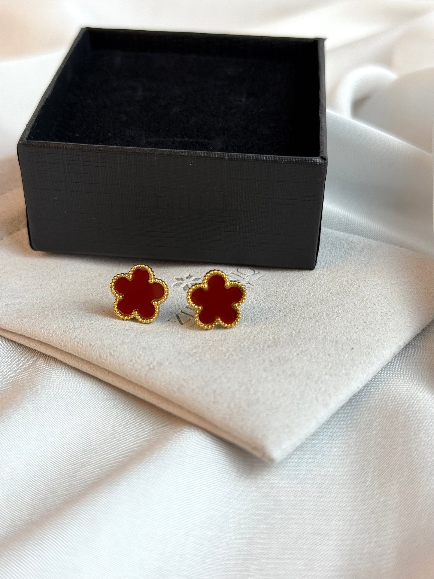 Gold Plated Red Clover Earrings, Lucky Five Leaves Clover Earrings, Stainless Steel Gold Plated Earrings, Lucky Jewelry for Her