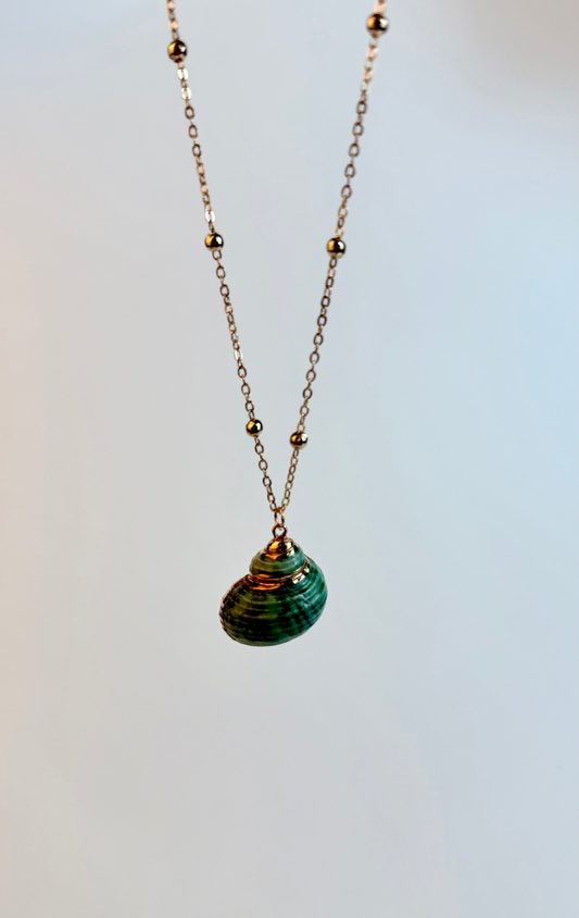 Necklace with a green shell pendant on a light gray background