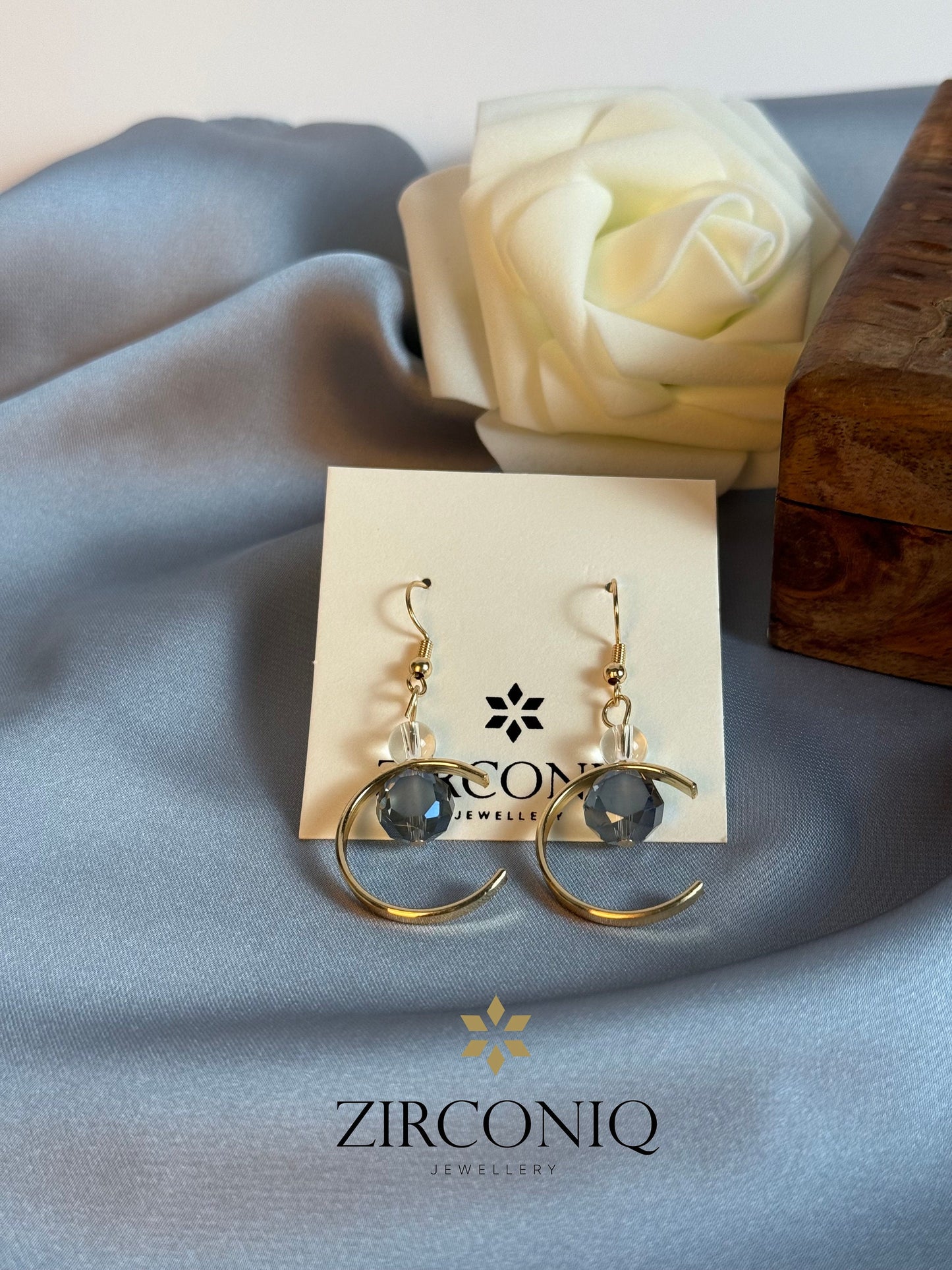 Gold Crescent Moon Earrings with Crystal Drops