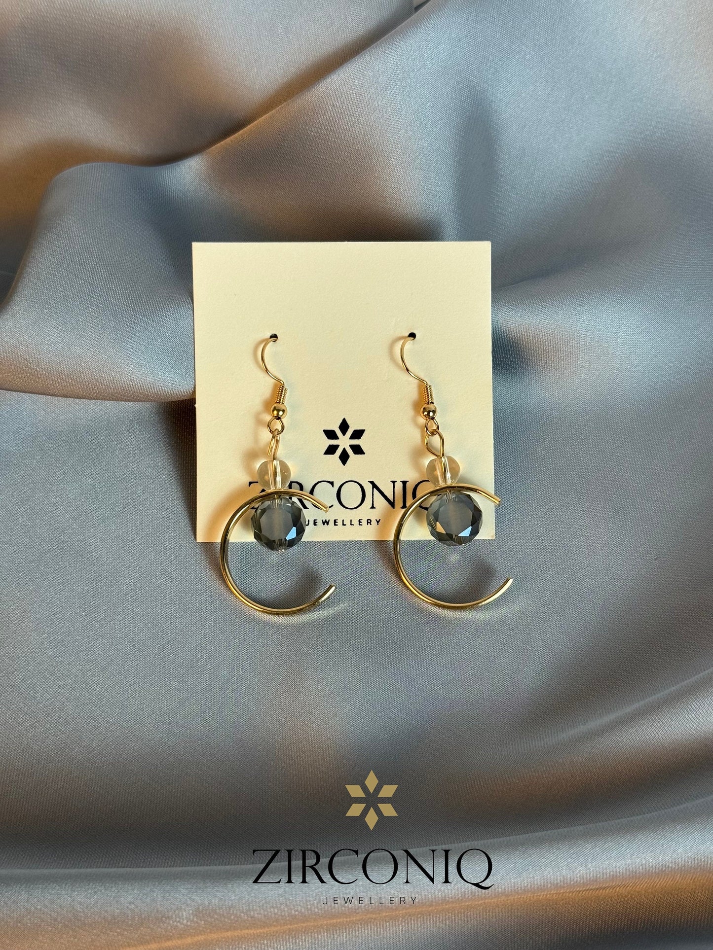 Gold Crescent Moon Earrings with Crystal Drops