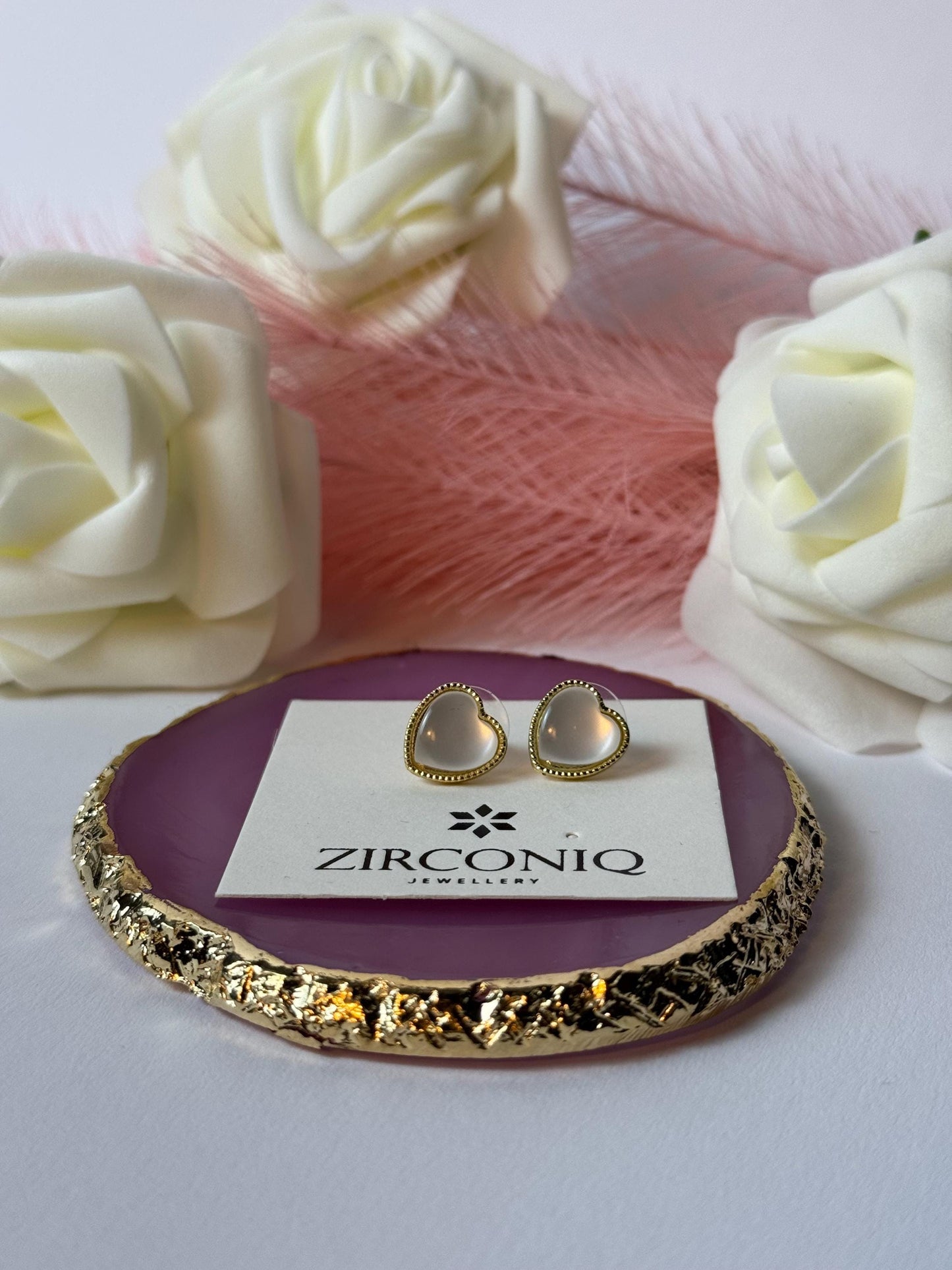 Gold Heart Stud Earrings with Mother of Pearl