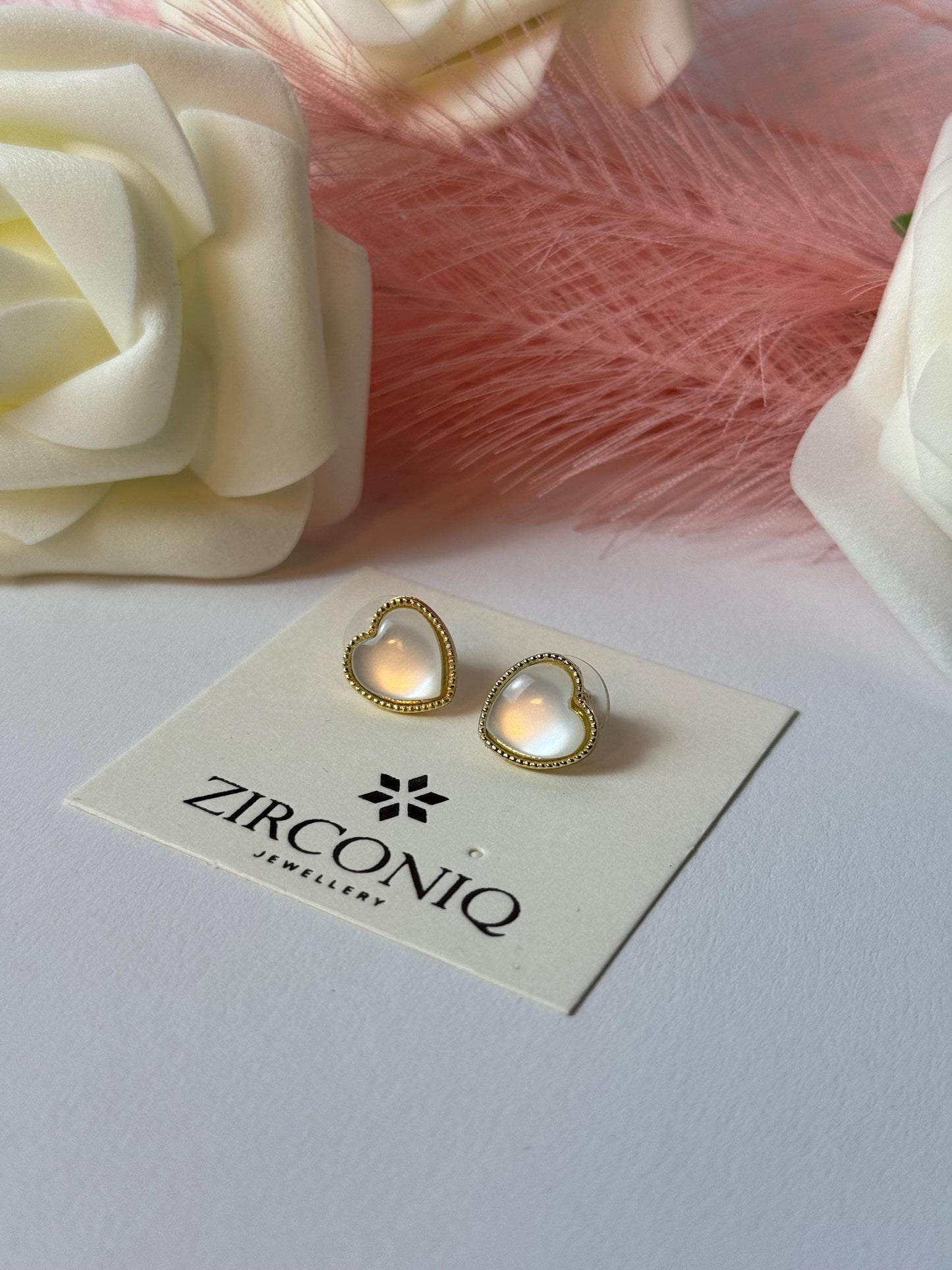 Gold Heart Stud Earrings with Mother of Pearl