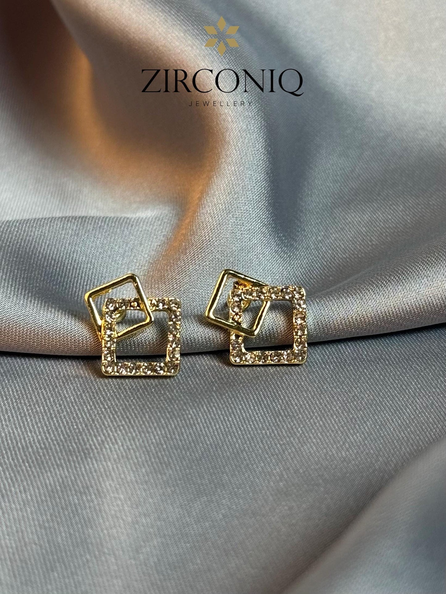 Gold Double Square Earrings with Crystals