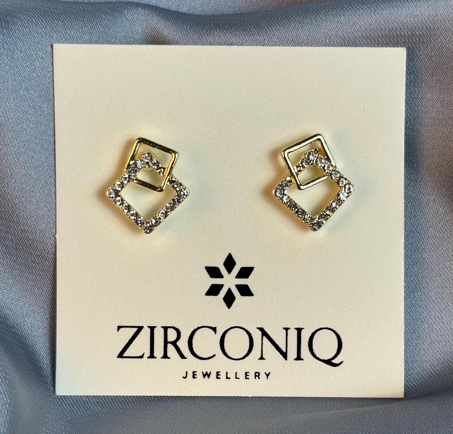 Gold Double Square Earrings with Crystals