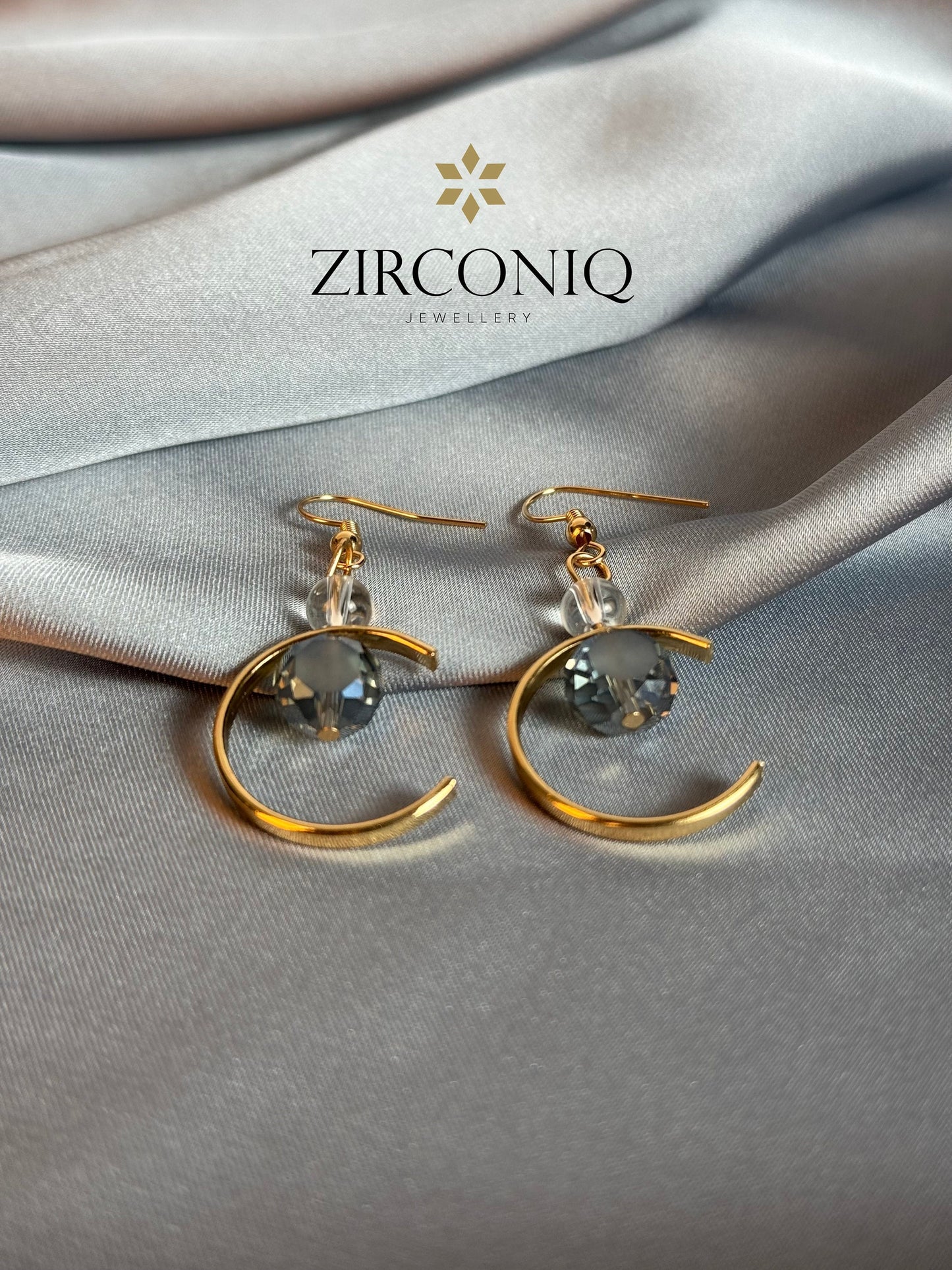 Gold Crescent Moon Earrings with Crystal Drops