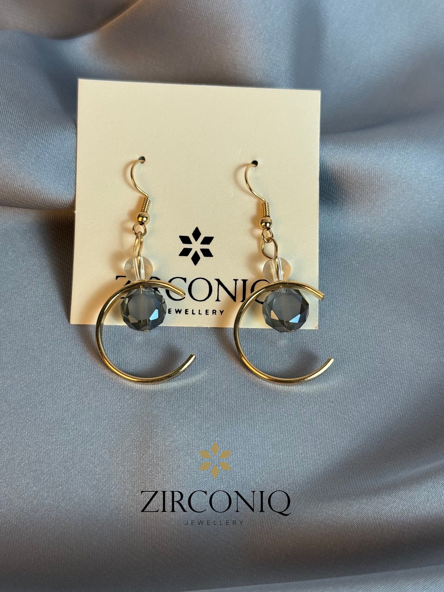 Gold Crescent Moon Earrings with Crystal Drops