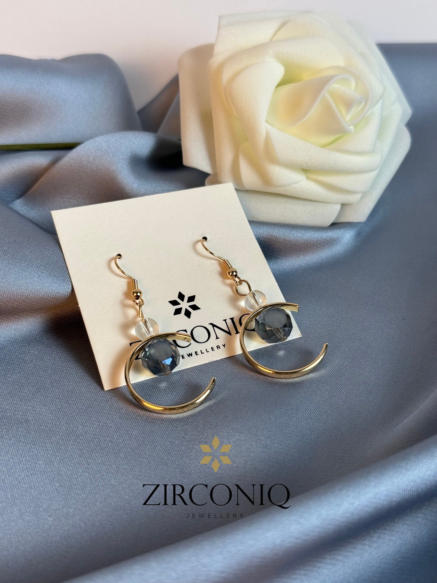 Gold Crescent Moon Earrings with Crystal Drops