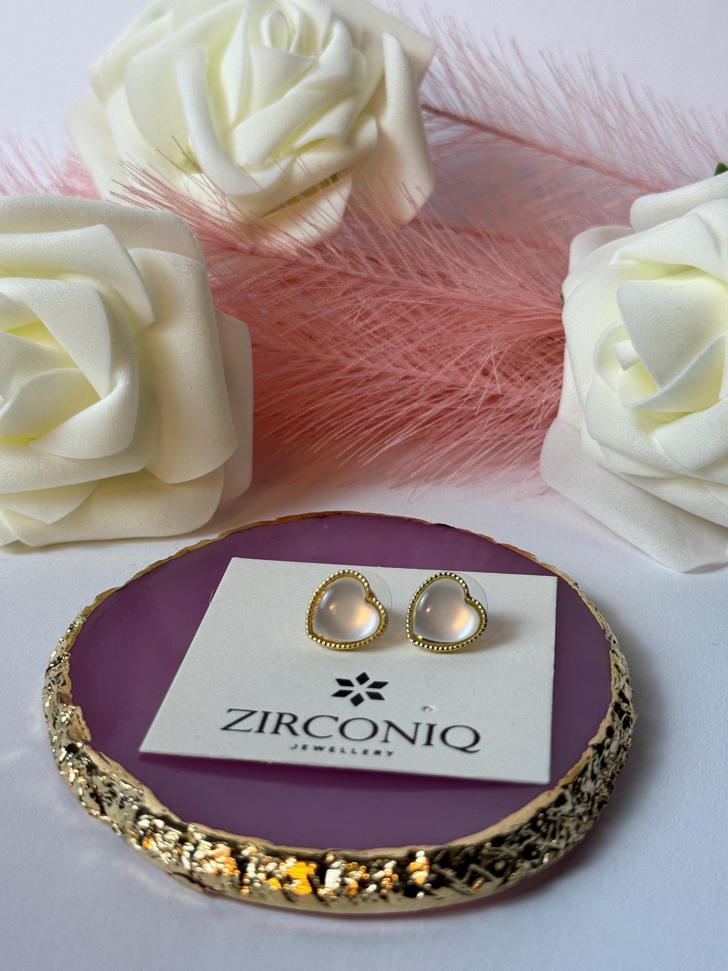 Gold Heart Stud Earrings with Mother of Pearl