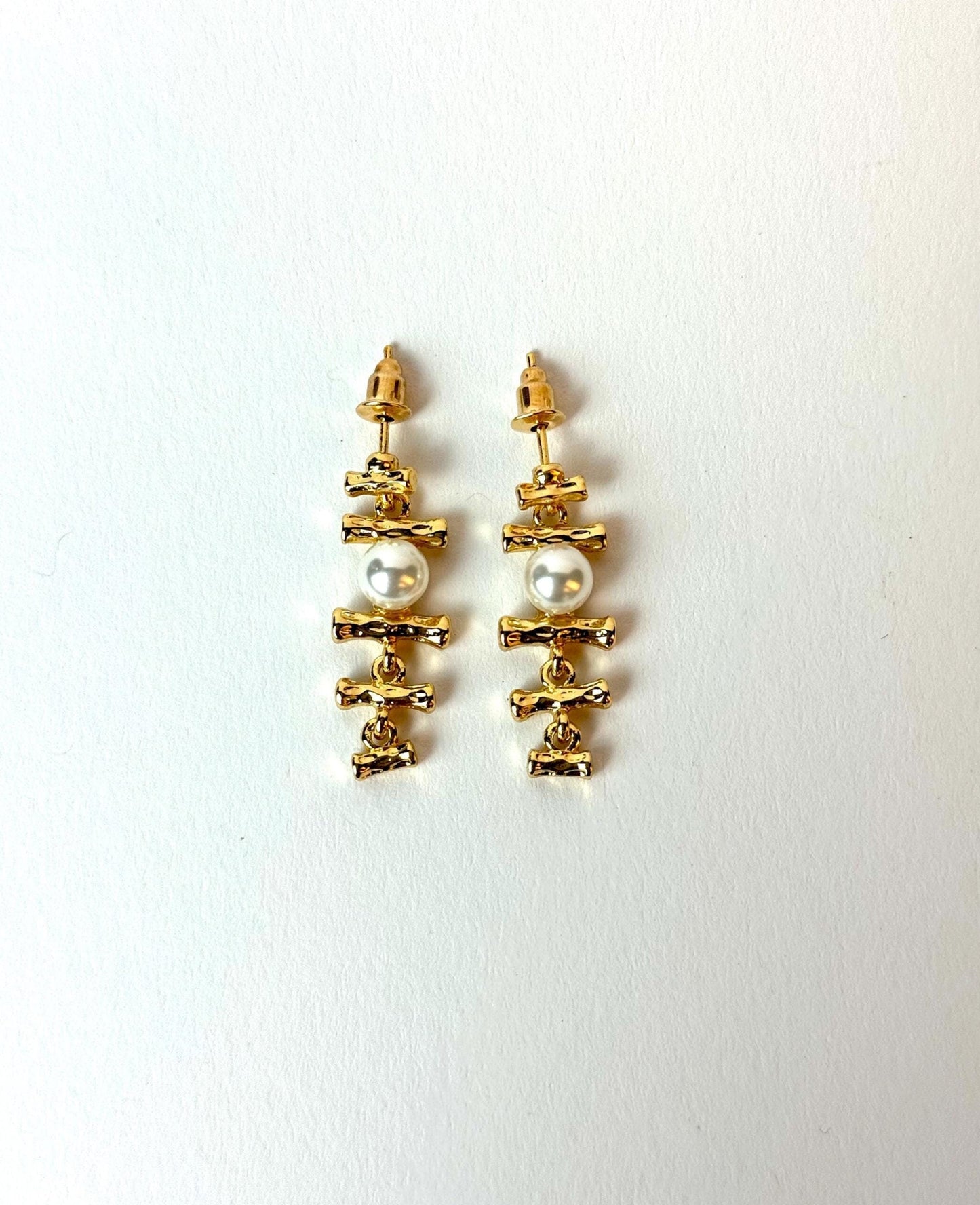 18K Gold-Plated Bamboo-Inspired Pearl Drop Earrings