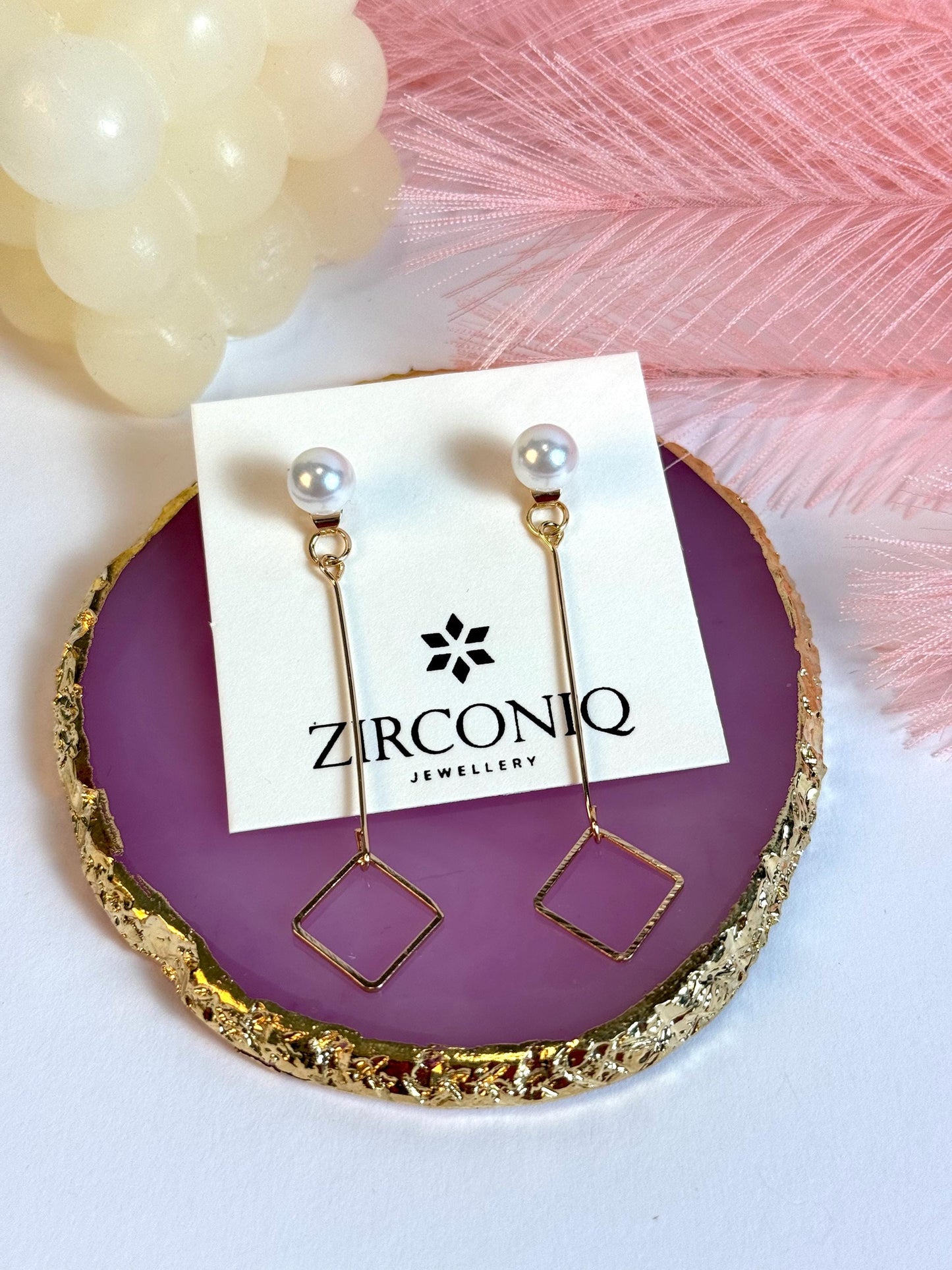Elegant Pearl and Square Drop Earrings