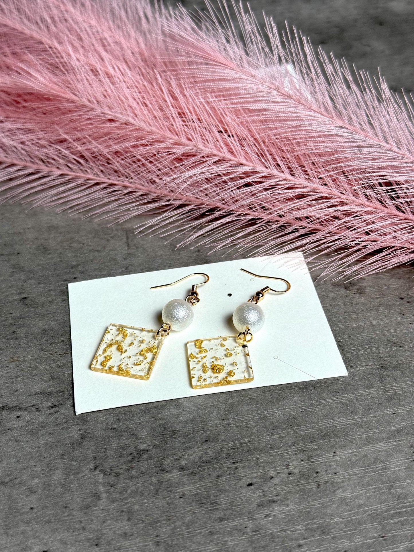 Elegant Gold Leaf Resin and Pearl Dangle Earrings