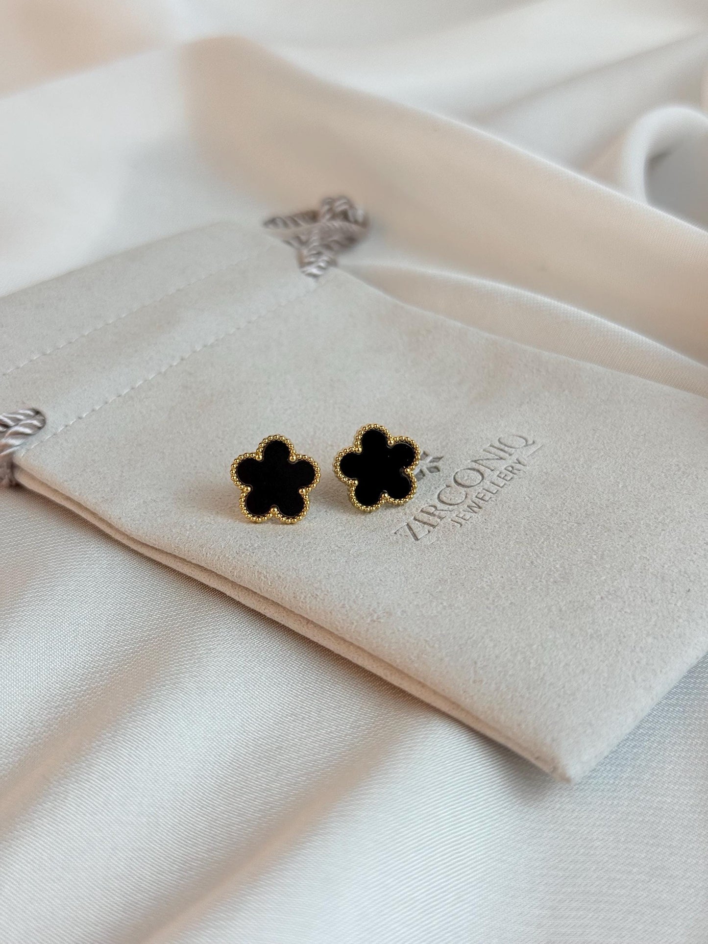 Gold Plated Black Clover Earrings, Lucky Five Leaves Clover Earrings, Stainless Steel Gold Plated Earrings, Lucky Jewelry for Her