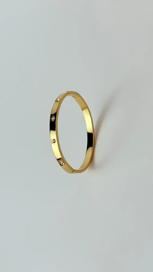 Zircon Studded Stainless Steel Gold Plated Bangle Bracelet - Yellow Gold