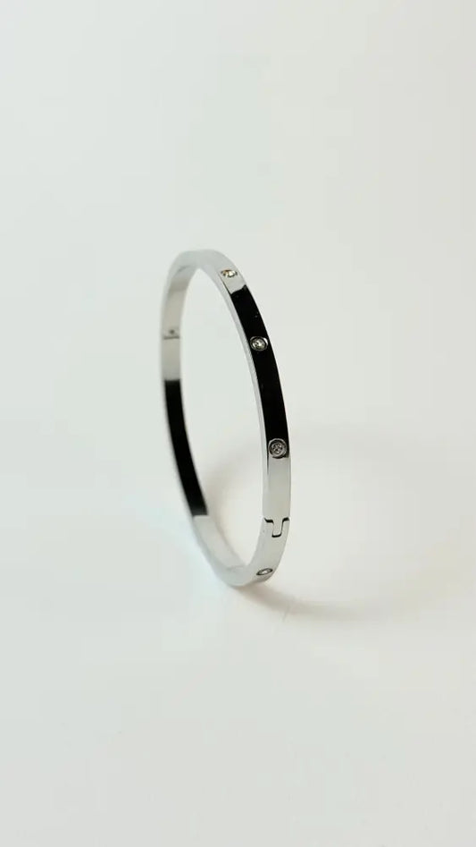 Zircon Studded Stainless Steel Silver Plated Bangle Bracelet - Silver - S