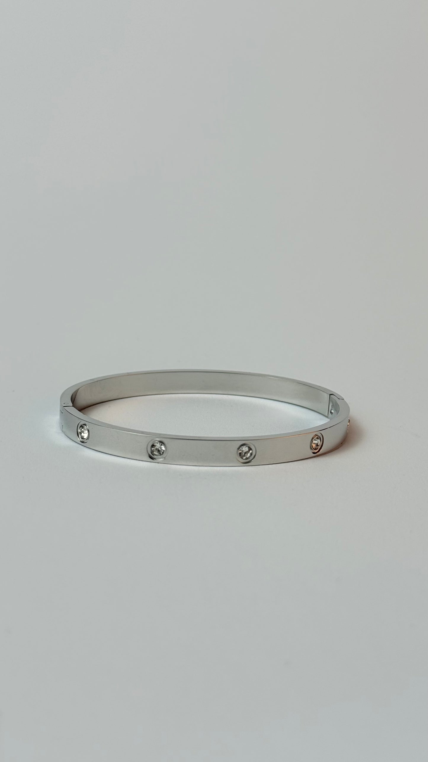 Zircon Studded Stainless Steel Silver Plated Bangle Bracelet - Silver