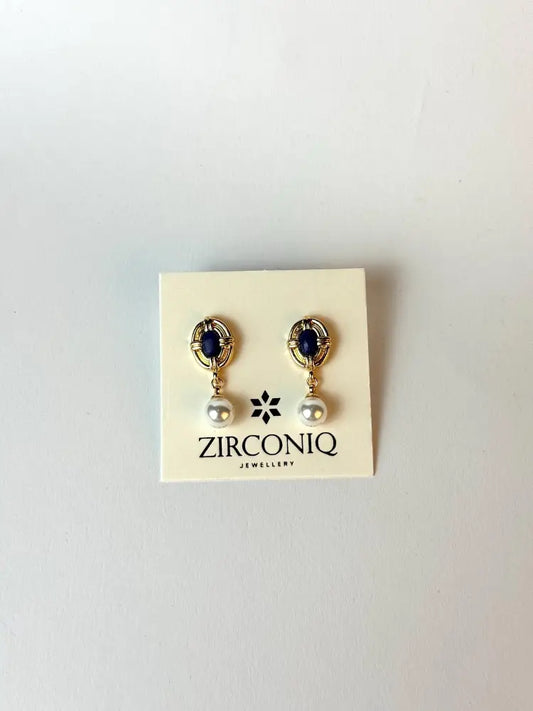 18K Gold Plated Pearl Drop Earrings with Blue Gemstones