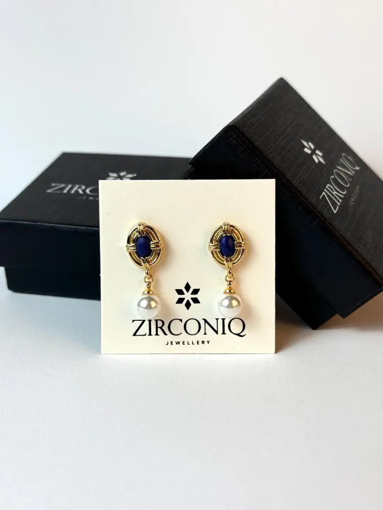 18K Gold Plated Pearl Drop Earrings with Blue Gemstones