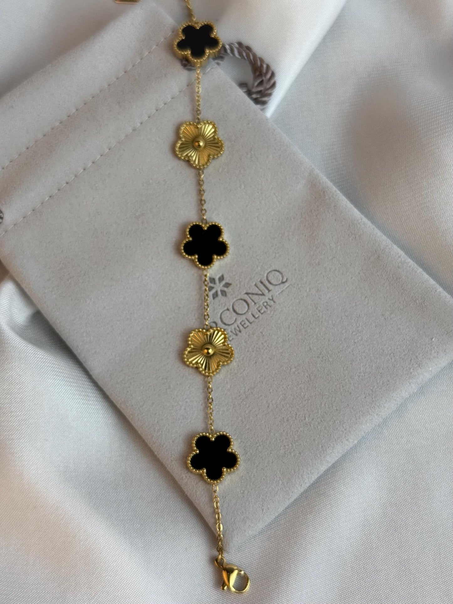 Black and Gold Lucky Bracelet - Double Sided Five Leaf Clover Bracelet - 18K Gold Plated Stainless Steel Bracelet - Jewelry for Her