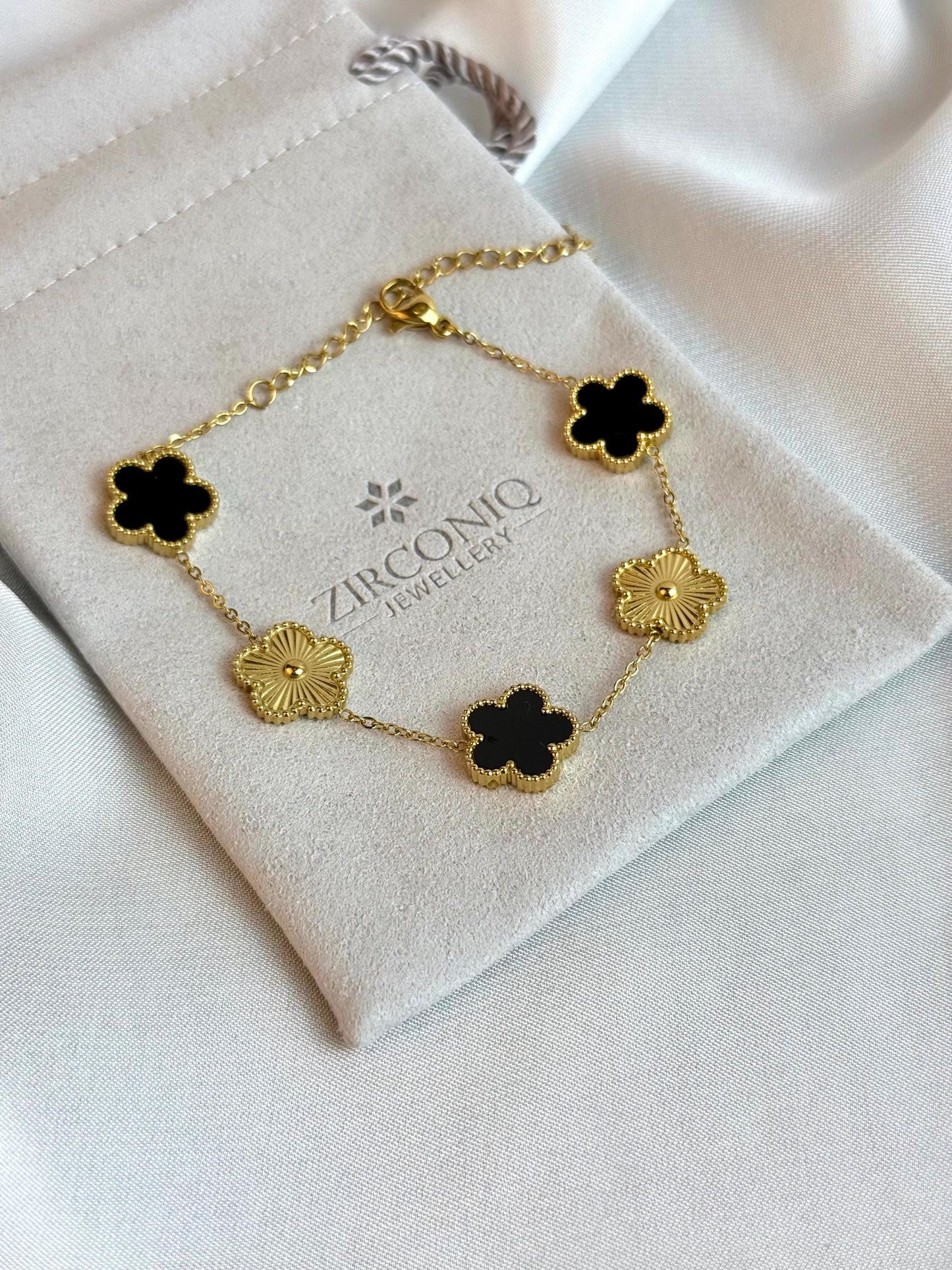 Black and Gold Lucky Bracelet - Double Sided Five Leaf Clover Bracelet - 18K Gold Plated Stainless Steel Bracelet - Jewelry for Her