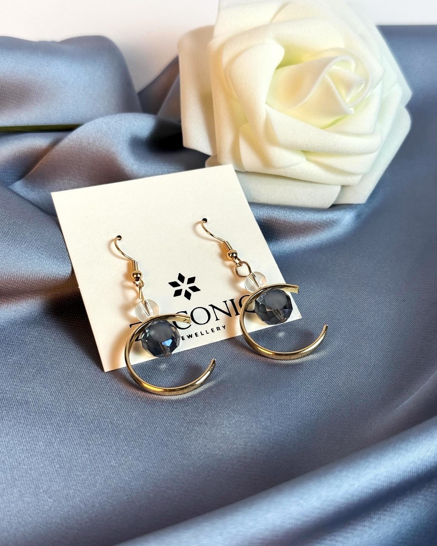 Gold Crescent Moon Earrings with Crystal Drops