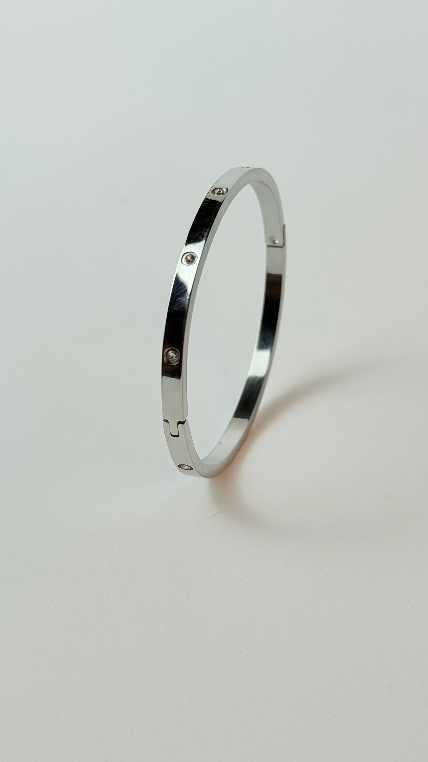 Zircon Studded Stainless Steel Silver Plated Bangle Bracelet - Silver