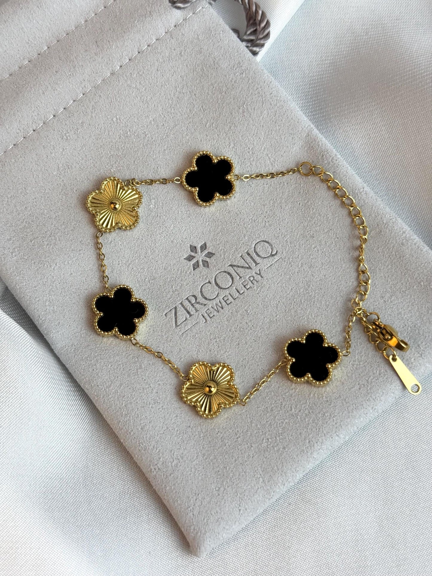 Black and Gold Lucky Bracelet - Double Sided Five Leaf Clover Bracelet - 18K Gold Plated Stainless Steel Bracelet - Jewelry for Her
