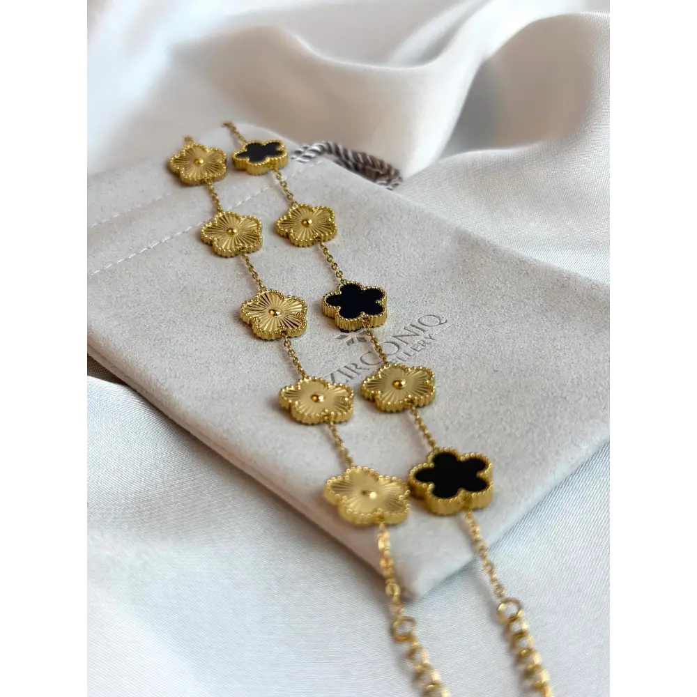 Black and Gold Lucky Bracelet - Double Sided Five Leaf Clover Bracelet