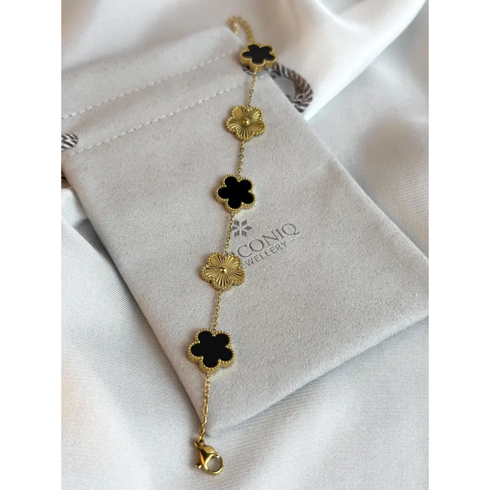 Black and Gold Lucky Bracelet - Double Sided Five Leaf Clover Bracelet