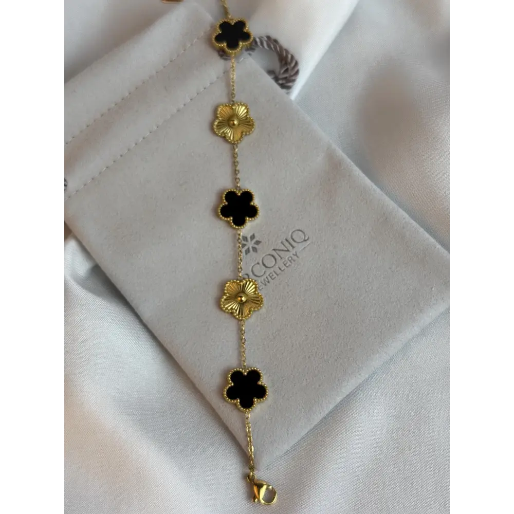 Black and Gold Lucky Bracelet - Double Sided Five Leaf Clover Bracelet