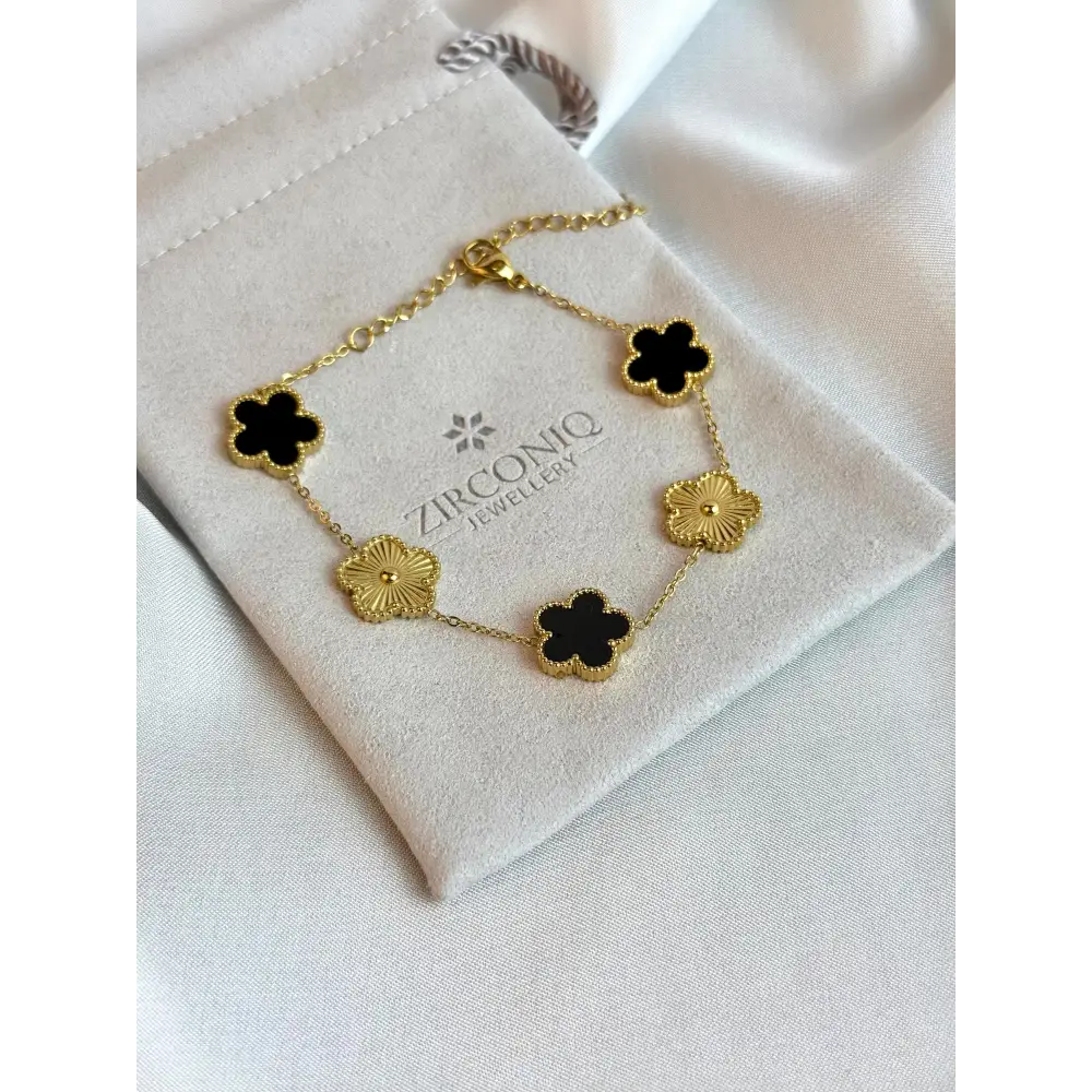 Black and Gold Lucky Bracelet - Double Sided Five Leaf Clover Bracelet