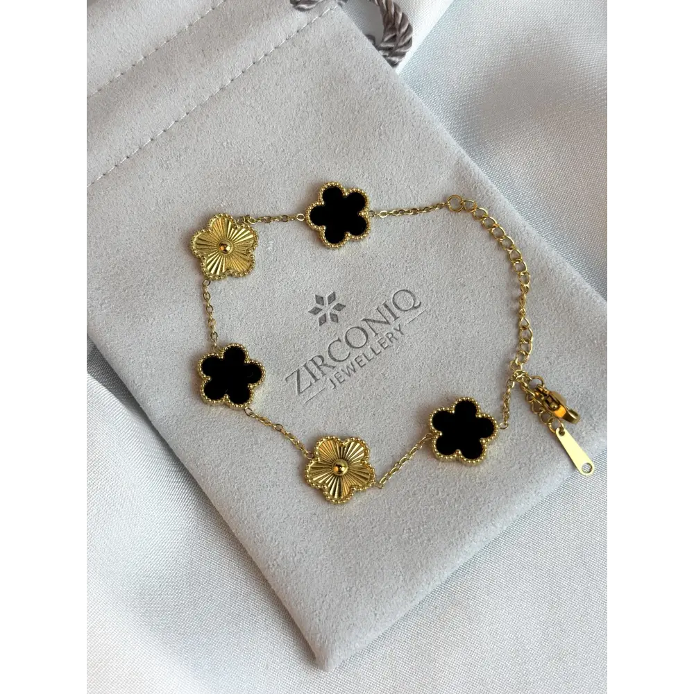 Black and Gold Lucky Bracelet - Double Sided Five Leaf Clover Bracelet