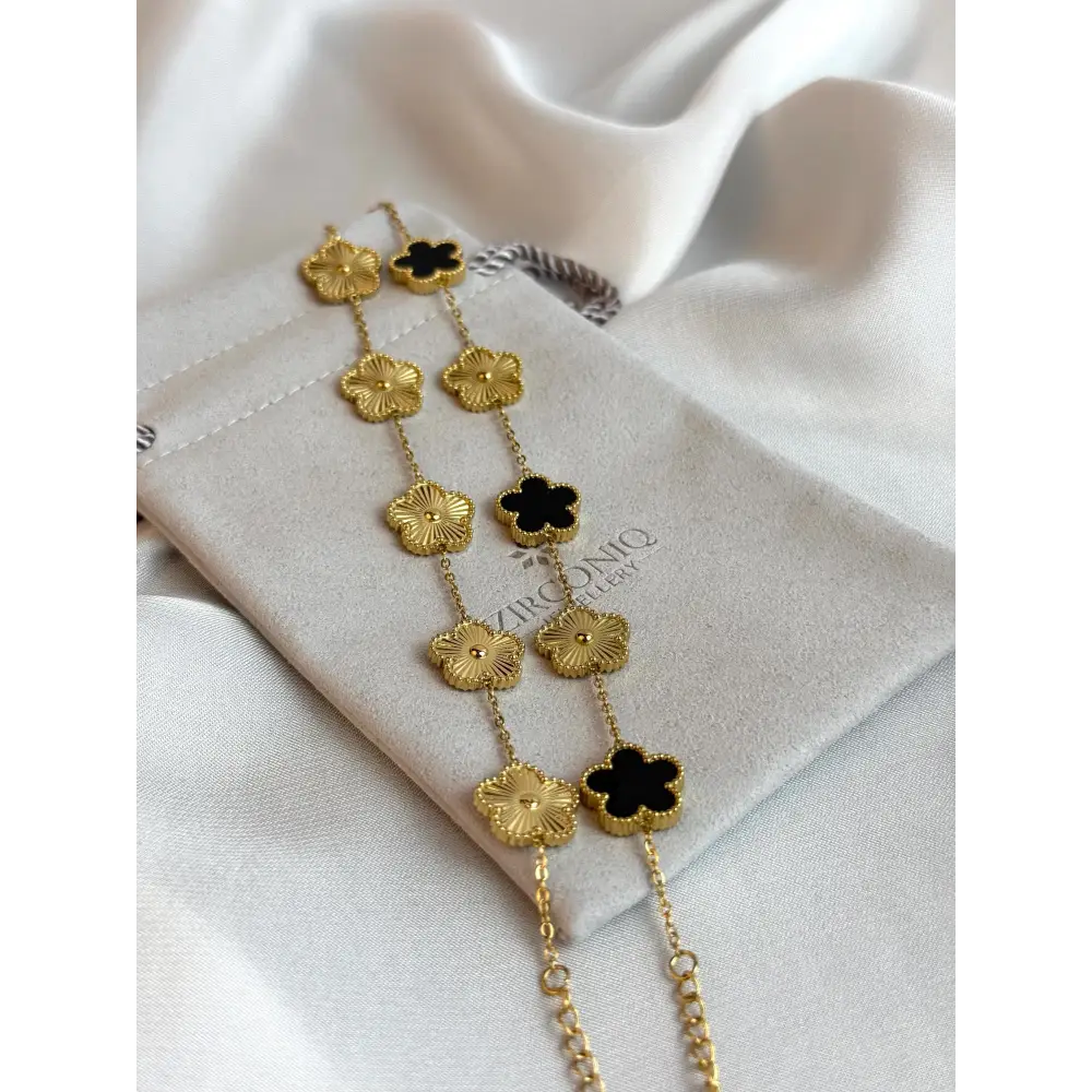 Black and Gold Lucky Bracelet - Double Sided Five Leaf Clover Bracelet