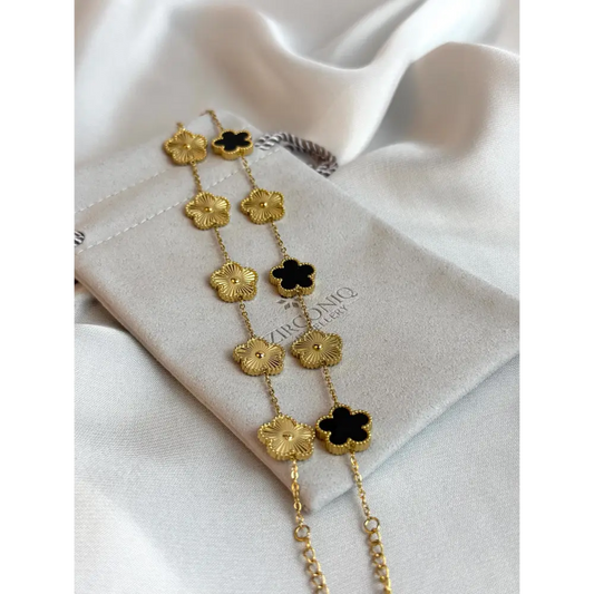 Black and Gold Lucky Bracelet - Double Sided Five Leaf Clover Bracelet