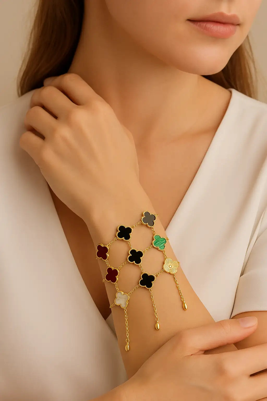 A delicate gold-toned bracelet adorned with colorful four-leaf clover charms in black, red, green, and white.