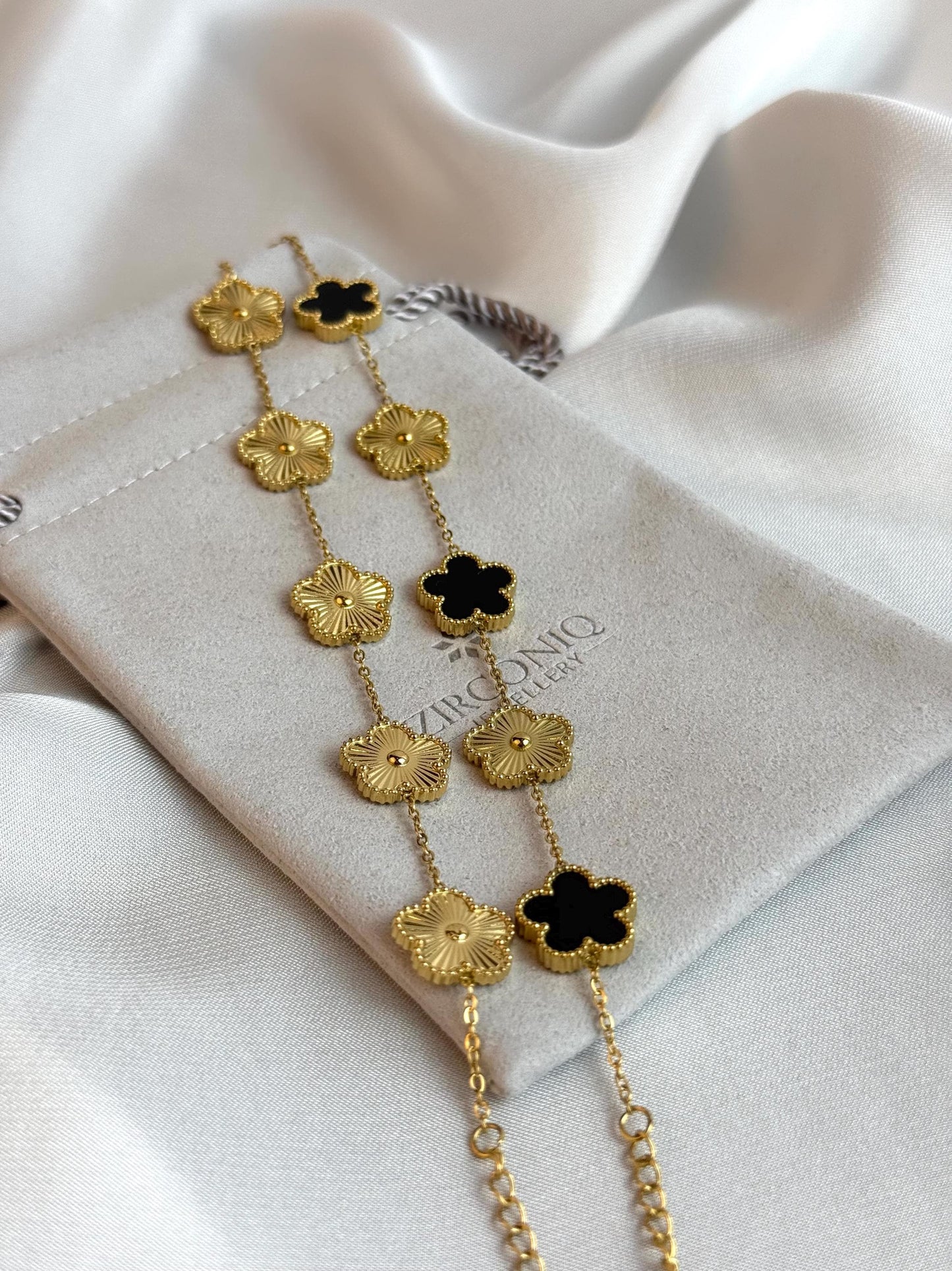 Black and Gold Lucky Bracelet - Double Sided Five Leaf Clover Bracelet - 18K Gold Plated Stainless Steel Bracelet - Jewelry for Her