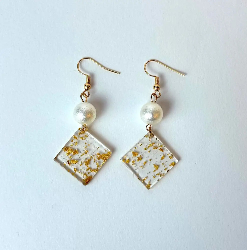 Elegant Gold Leaf Resin and Pearl Dangle Earrings