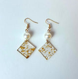 Elegant Gold Leaf Resin and Pearl Dangle Earrings