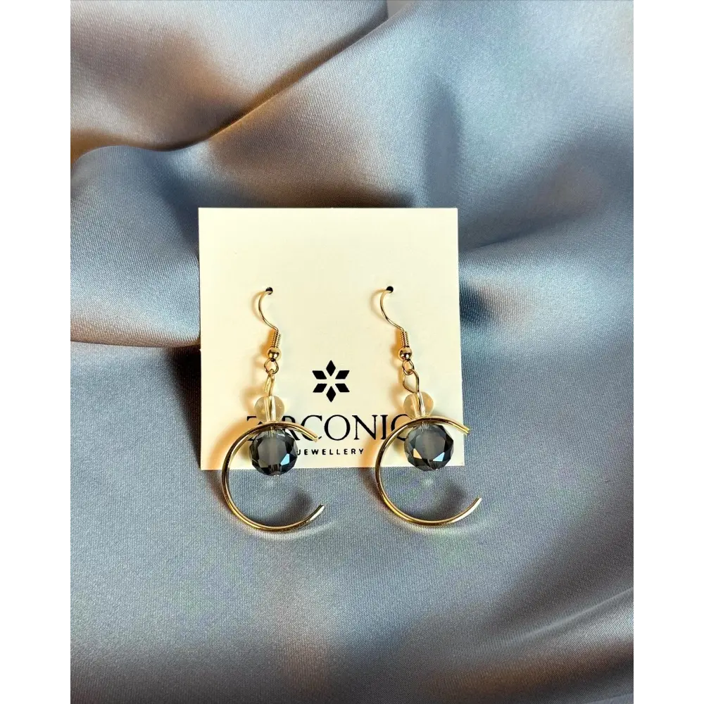 Gold Crescent Moon Earrings with Crystal Drops