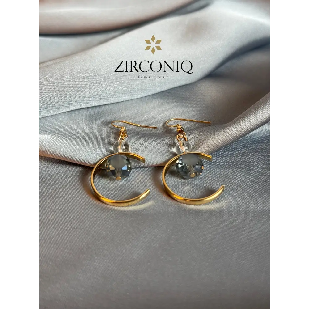 Gold Crescent Moon Earrings with Crystal Drops