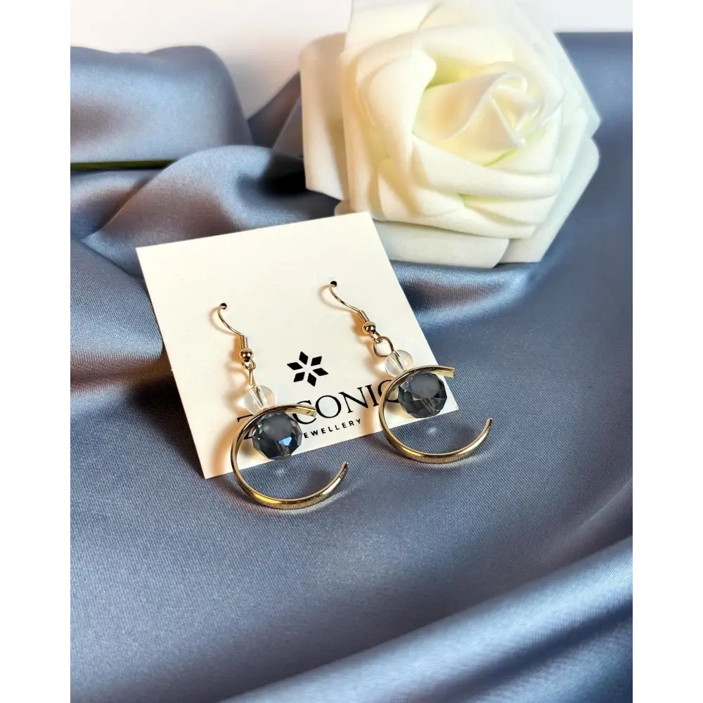Gold Crescent Moon Earrings with Crystal Drops