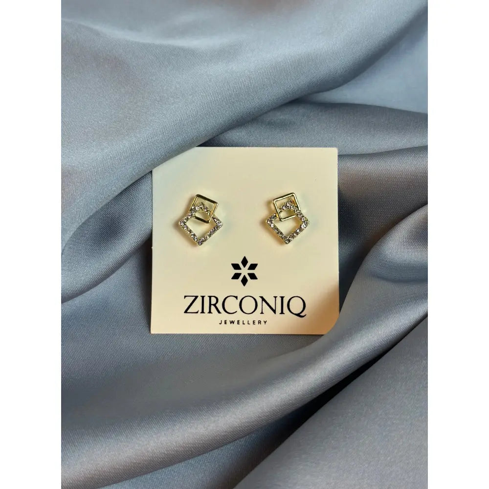 Gold Double Square Earrings with Crystals
