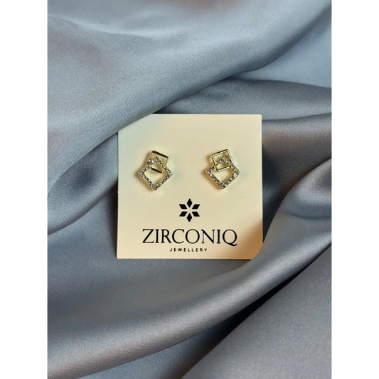Gold Double Square Earrings with Crystals