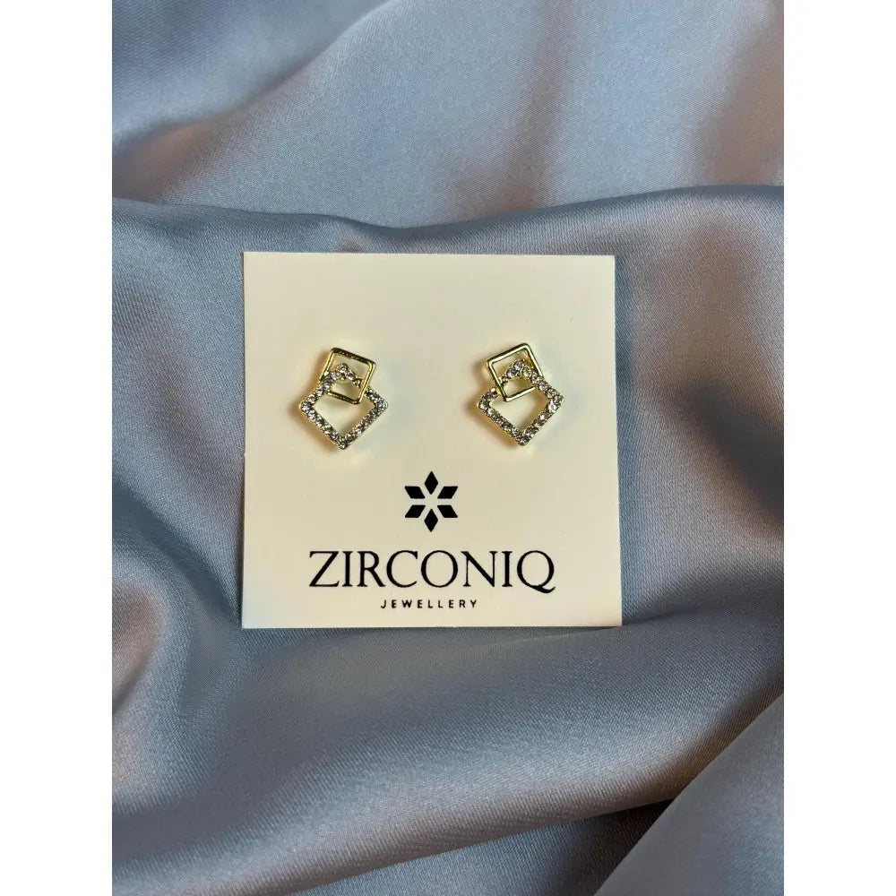 Gold Double Square Earrings with Crystals