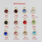 Birthstone charms with corresponding months on a white background